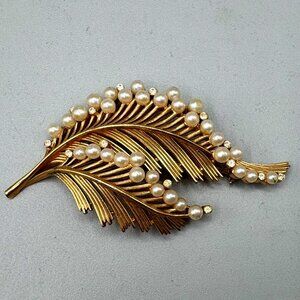 Vintage Large Crown Trifari Faux Pearl,Rhinestone Gold Tone Brooch, 3 3/8"